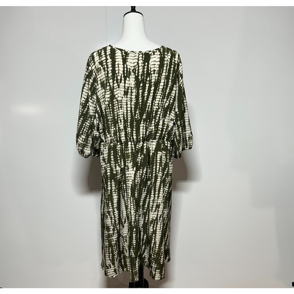 Bloomchic Dress 18-20 Midi Green Cream Abstract Balloon Sleeve V Neck Stretch - Picture 3 of 13